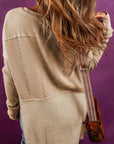 Giselle Exposed Seam Slit Neck Waffle Knit Patchwork Top