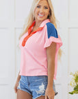 Carolina Half Buttoned Ruffled Short Sleeve Top