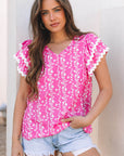 Rayna Floral Ric-rac Tiered Ruffled V Neck Blouse