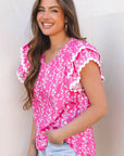Rayna Floral Ric-rac Tiered Ruffled V Neck Blouse