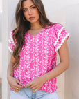 Rayna Floral Ric-rac Tiered Ruffled V Neck Blouse
