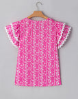 Rayna Floral Ric-rac Tiered Ruffled V Neck Blouse