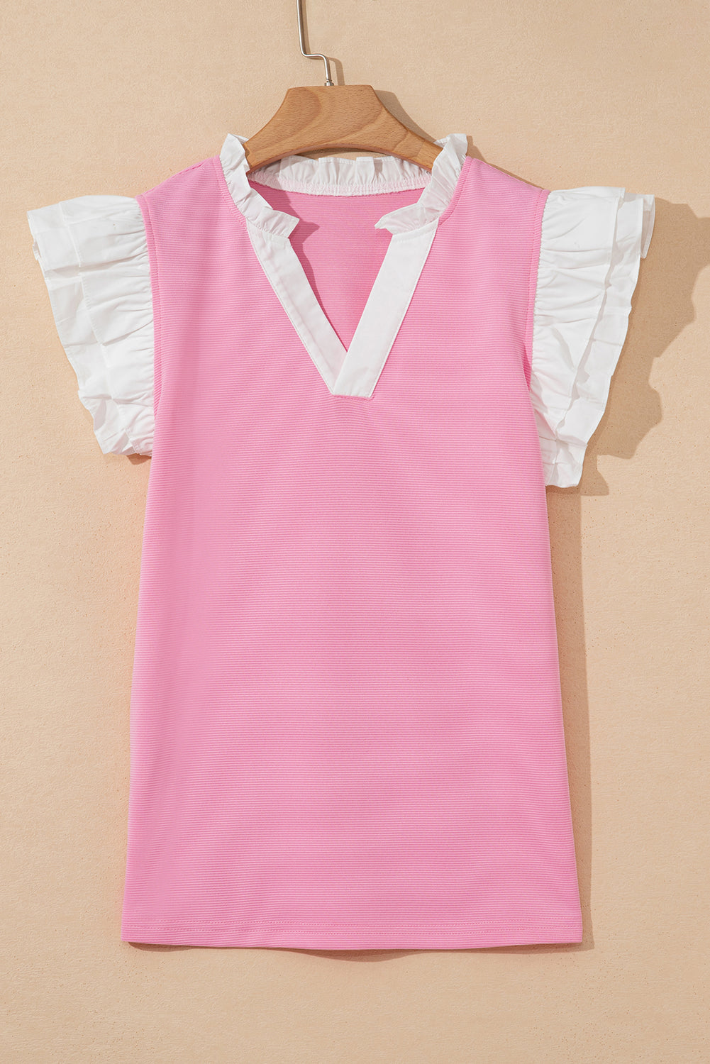 Serena Contrast V Neck Ruffled Textured Knit Top