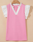 Serena Contrast V Neck Ruffled Textured Knit Top
