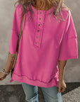Aliana Exposed Seam Button Neck Wide Sleeve Tunic Top
