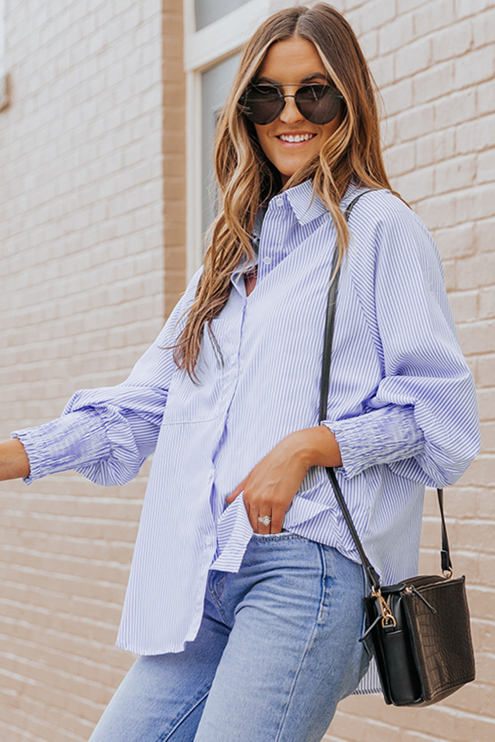 Skye Smocked Cuffed Striped Boyfriend Shirt with Pocket