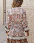 Maeve Lace Splicing Split Neck Paisley Ruffle Mini Dress