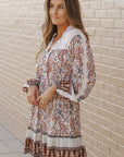 Maeve Lace Splicing Split Neck Paisley Ruffle Mini Dress