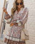 Maeve Lace Splicing Split Neck Paisley Ruffle Mini Dress