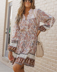 Maeve Lace Splicing Split Neck Paisley Ruffle Mini Dress