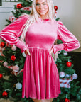 Nina Frilled Neck Smocked Bodice Velvet Dress