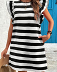 Black Stripe Flutter Sleeve Dress