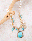 Blue Turquoise and White Pearl Multi Pendant Golden Necklace