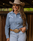 LIGHT WASH STRETCH DENIM STITCHED PERFORMANCE RODEO SHIRT