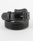 Mens Genuine Leather Aztec 3D Embossed Belt - Black