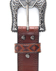 Mens Genuine Leather Aztec 3D Embossed Belt - Brown
