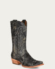 A4338 - MEN'S BLACK ALLIGATOR INLAY EMBROIDERY NARROW SQUARE TOE COWBOY BOOT
