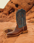 A4262 - MEN'S BLUE AND HONEY EMBROIDERY WIDE SQUARE TOE RODEO COWBOY BOOT