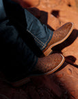 A4008 - MEN'S BROWN EMBROIDERY WITH WOVEN DETAIL AND OVERLAY FULL QUILL OSTRICH SQUARE TOE COWBOY BOOT