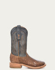 A4052 - MEN'S EMBROIDERY BROWN FULL QUILL OSTRICH SQUARE TOE BLUE COWBOY BOOT