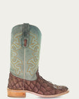 A4048 - MEN'S EMBROIDERY BROWN PIRARUCU TURQUOISE SQUARE TOE RODEO COWBOY BOOT