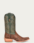 A4287 - MEN'S EMBROIDERY GENUINE BROWN PYTHON VAMP NARROW SQUARE TOE GREEN COWBOY BOOT