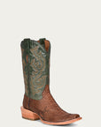 A4287 - MEN'S EMBROIDERY GENUINE BROWN PYTHON VAMP NARROW SQUARE TOE GREEN COWBOY BOOT