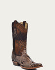 A4452 - MEN'S EMBROIDERY LAMB SHAFT GENUINE BROWN PYTHON VAMP SNIP TOE COWBOY BOOT