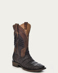 A3878 - MEN'S OIL BROWN CAIMAN EMBROIDERY AND WOVEN SHAFT WIDE SQUARE TOE COWBOY BOOT