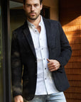 Men's Black Embroidered Faux-Suede Blazer