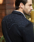 Men's Black Embroidered Faux-Suede Blazer