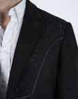 Men's Black Embroidered Faux-Suede Blazer