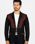 Men's Black/Burgundy Embroidered Faux-Suede Blazer