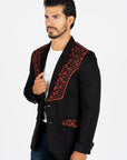Men's Black/Burgundy Embroidered Faux-Suede Blazer
