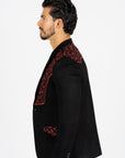 Men's Black/Burgundy Embroidered Faux-Suede Blazer