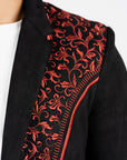 Men's Black/Burgundy Embroidered Faux-Suede Blazer