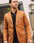 Men's Camel Embroidered Faux-Suede Blazer