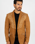 Men's Camel Embroidered Faux-Suede Blazer