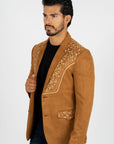 Men's Camel Embroidered Faux-Suede Blazer