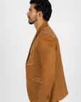 Men's Camel Embroidered Faux-Suede Blazer