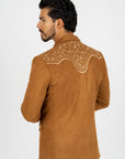 Men's Camel Embroidered Faux-Suede Blazer