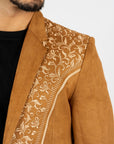 Men's Camel Embroidered Faux-Suede Blazer