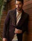 Men's Dark Brown Embroidered Faux-Suede Blazer