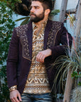Men's Dark Brown Embroidered Faux-Suede Blazer