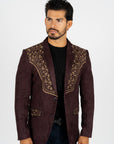 Men's Dark Brown Embroidered Faux-Suede Blazer