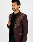 Men's Dark Brown Embroidered Faux-Suede Blazer