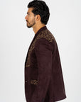 Men's Dark Brown Embroidered Faux-Suede Blazer