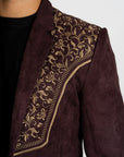 Men's Dark Brown Embroidered Faux-Suede Blazer