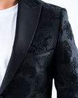 Men's Double Button Black Woven Printed Blazer