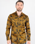 Mens Modern Fit Cotton Stretch Piping Cactus Monogram Print Shirt